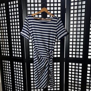 💙 Land's End Navy & White Striped Midi Dress,  Short Sleeve NWT Medium Tencel💙